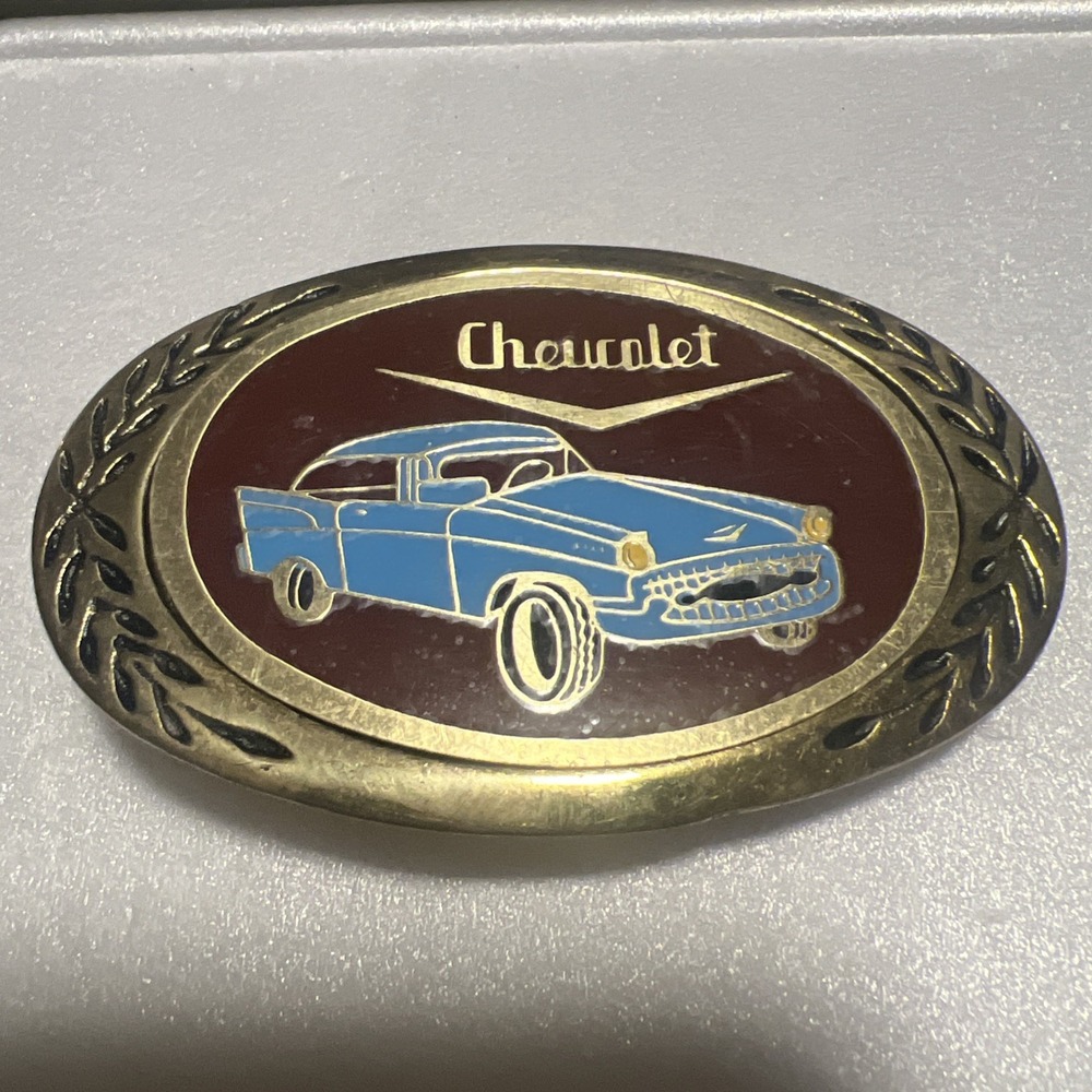 Vintage Chevrolet 1957 Chevy Bel Air Blue Car Enamel Brass Tone Belt Buckle
